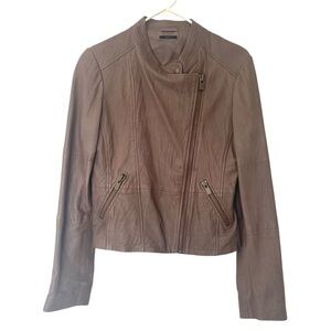 IKKS Brown Leather Moto Jacket with Cropped Fit and Zippered Closure